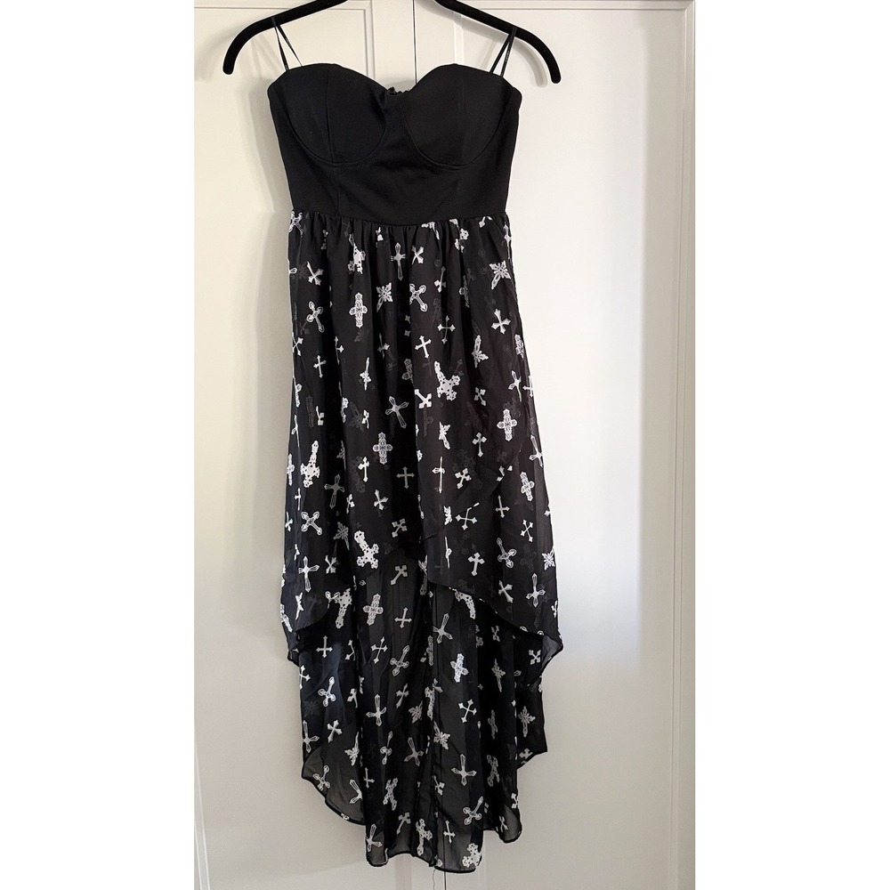 F21 Strapless Black Hi Low Gothic Whimsigoth Strapless Dress Cross VampY2K Small